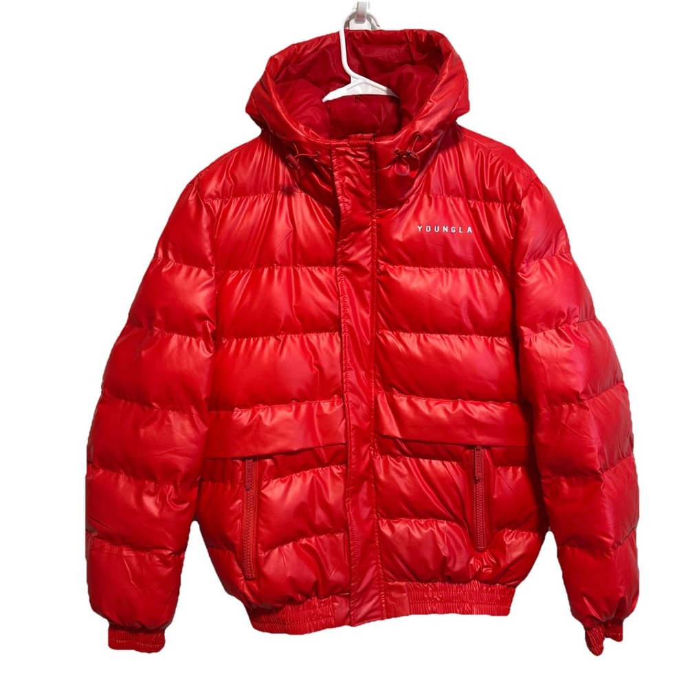 Young LA Men's Red Puffer Jacket Sz Medium With Buttons And Zipper